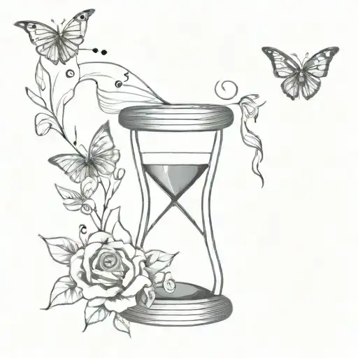 a hourglass with flowers in the bottom and bufferflies in the top, smoke surrounding it with a paper plane and paper boa tattoo design idea