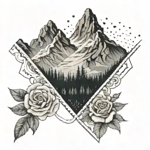 An intricate design mountain peaks and hiking trails with a Co passt Rose as background in dotwork style tattoo design idea