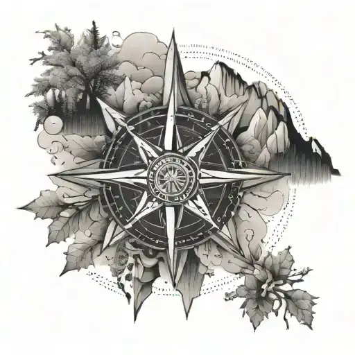 An intricate design of a compass rose with mountain peaks and hiking trails in dotwork style tattoo design idea