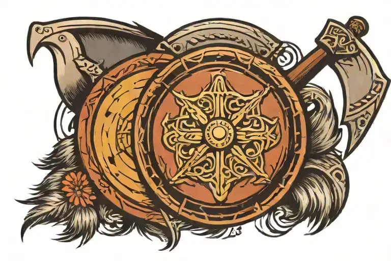 Round Viking shield, Viking helmet in the foreground, two Viking axes in the background tattoo design idea