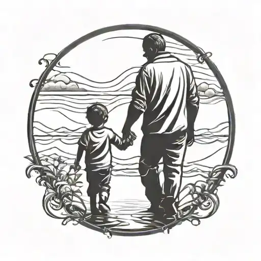 A tattoo design featuring a silhouette of a father and son holding hands, symbolizing love and support, with a background representing loneliness in a blackwork style tattoo design idea