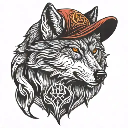 A red hat-wearing wolf howling at the moon tattoo design idea