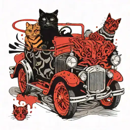 A stylized blackwork tattoo of a cat driving a vintage car with a father and son as passengers, representing their shared adventures tattoo design idea