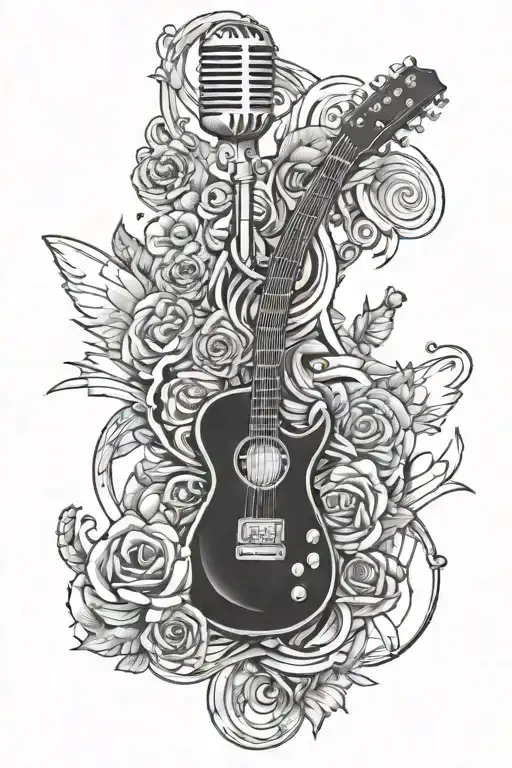 guitar and microphone surrounded by musical tattoo design idea