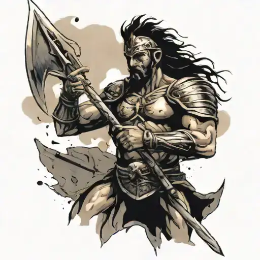 strong warrior like Leona Dias from the movie 300, around him are all the dead soldiers he killed tattoo design idea