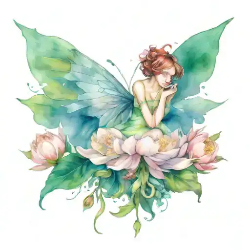 A whimsical scene of a fairy sitting on a giant peony flower surrounded by cosmos and larkspur tattoo design idea