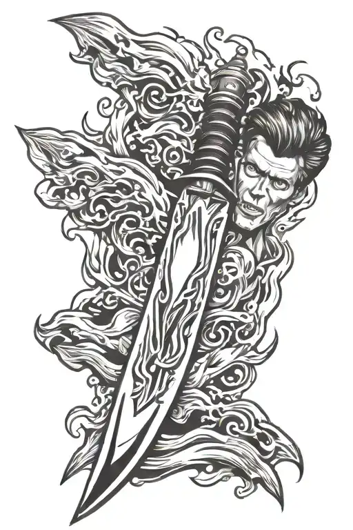 bowie knife morphing into flames surrounding tattoo design idea