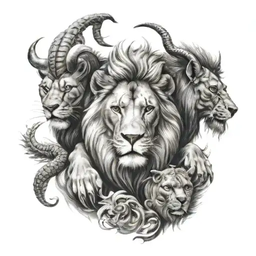a lion, a capricorn, a scorpion. tattoo design idea