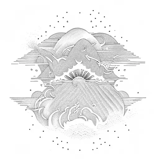 waves, sun surfboard tattoo design idea