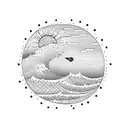 waves, sun surfboard tattoo design idea