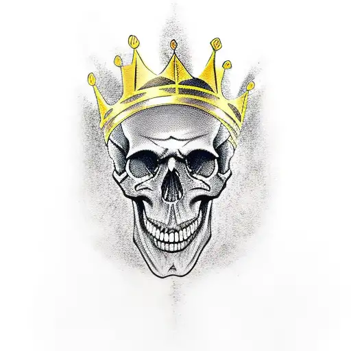smiling skull with angry eyes and a golden crown which is tilted right on its head tattoo design idea