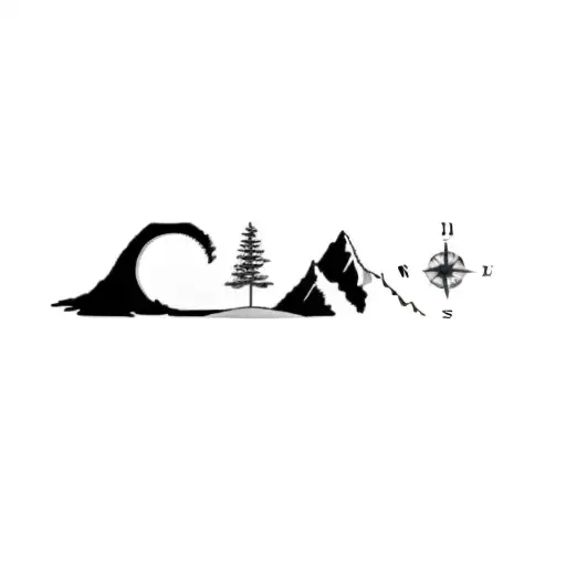 a mountain and a compass with north, east, south, and west labelled.  tattoo design idea
