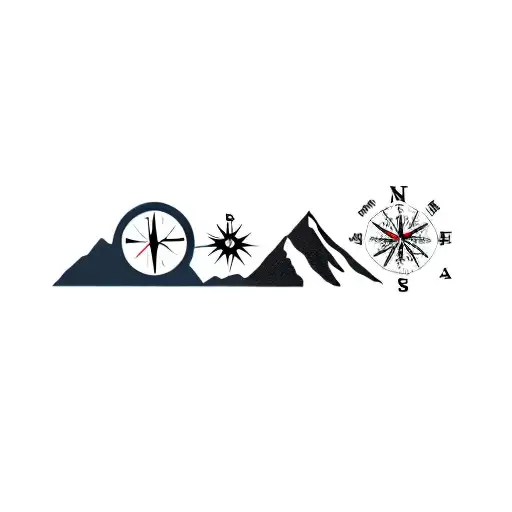 a mountain and a compass with north, east, south, and west labelled.  tattoo design idea