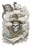 Blackbeard pirate flag ocean wave merging tattoo design idea