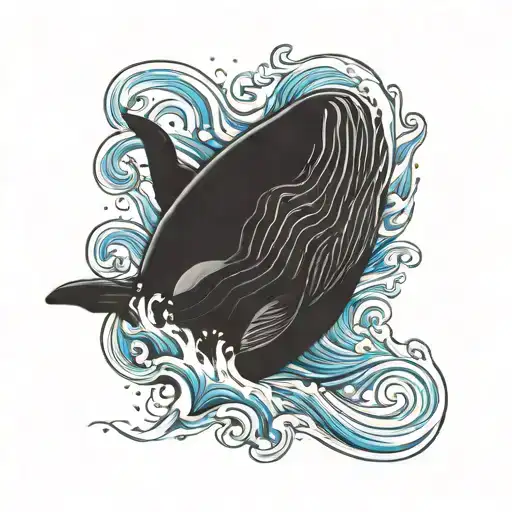 black whale swimming in the ocean with minimal blue wave of the sign of the Germini with pink text "PLOYCHI" tattoo design idea