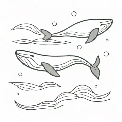 A minimalist tattoo line of black whale swimming in the ocean with minimal blue wave depicting the sign of the Germini tattoo design idea