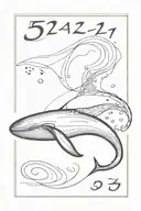 black whale swimming in the ocean with minimal blue wave depicting the sign of the Germini with the minimal text "52 Hz" tattoo design idea