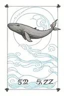 black whale swimming in the ocean with minimal blue wave depicting the sign of the Germini with the minimal text "52 Hz" tattoo design idea