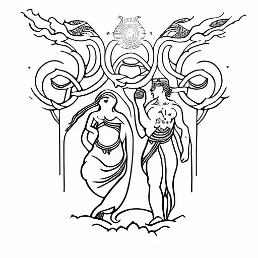 Orpheus and Eurydice coming out of the underworld tattoo design idea