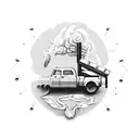A surrealistic blackwork tattoo of a smoking joint transforming into a lifted truck tattoo design idea