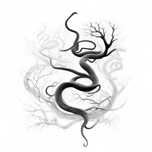 a delicate snake transforms to twisted tree branches tattoo design idea