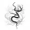a delicate snake transforms to twisted tree branches tattoo design idea