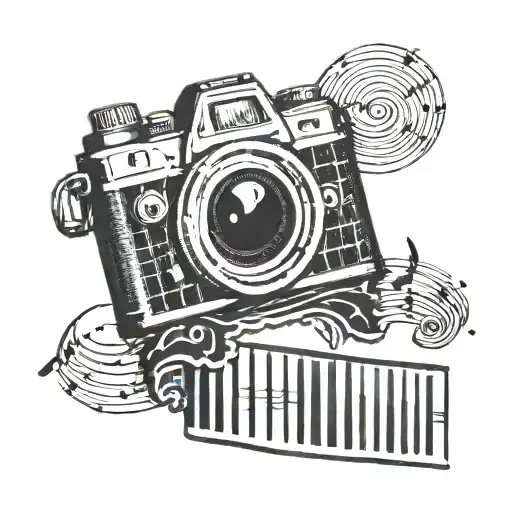 A tattoo of a camera shutter opening up to reveal a film strip with music notes tattoo design idea