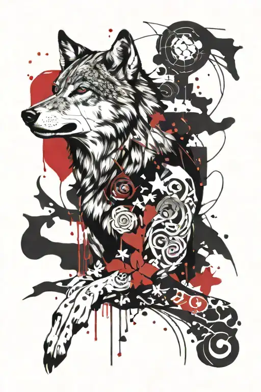feminine wolf trash polka style tattoo design idea