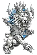 Lion with  a crown of thornes and blue eyes at the top, spartan warrior with blue eyes with a sword and shield with an a tattoo design idea