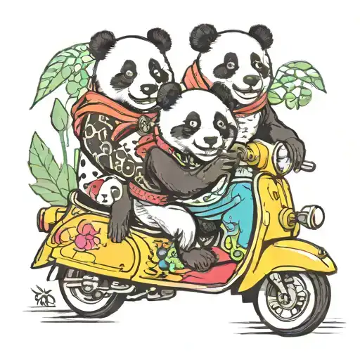 Three playful pandas riding a vibrant, vintage scooter. The first panda could be at the front, holding onto the handleba tattoo design idea