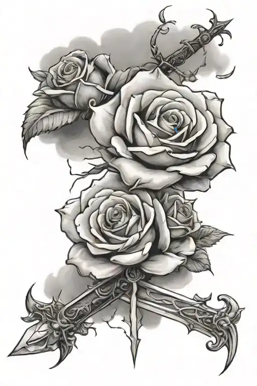 One sword, one rose clouds, lightning storm tattoo design idea