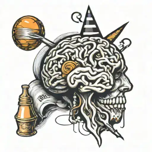 Sketch of a tattoo depicting a brain, a geographical map, a traffic cone and dishes tattoo design idea