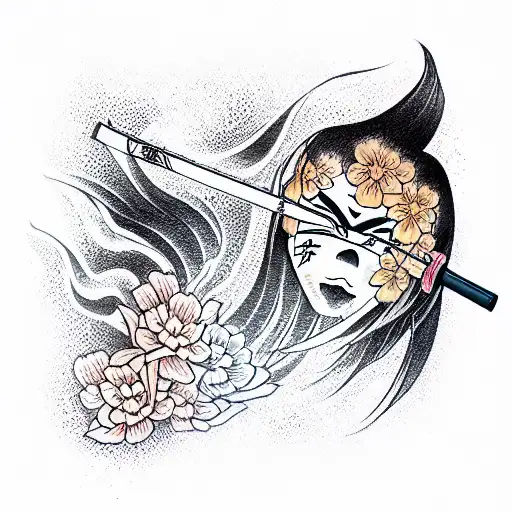 katana,anime, flowers,hand, colours,mask tattoo design idea