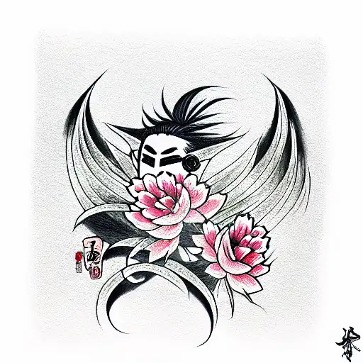 Flower,katana,anime, flowers,back, colours,mask, tattoo design idea