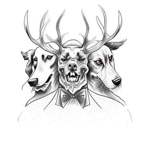 cloaked figure wearing a stag mask next to two dogs with red ears tattoo design idea