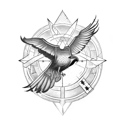 A mechanical raven with Viking runes and Masonic tools tattoo design idea