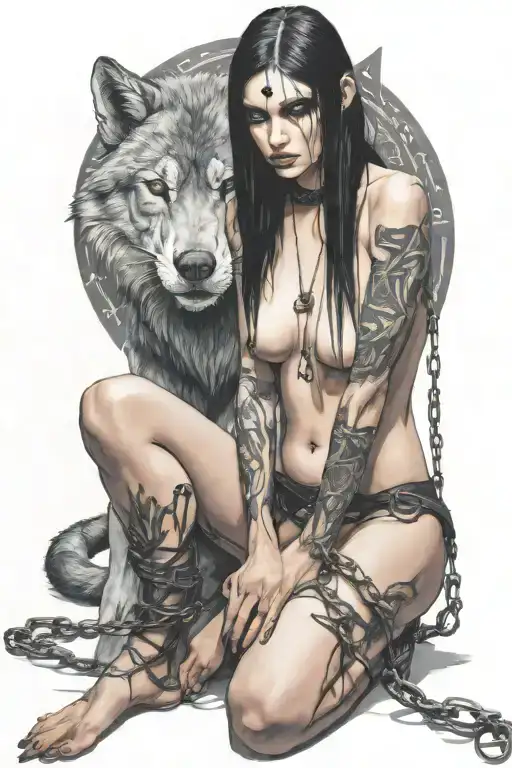nude goth slave girl on her knees chained huge wolf tattoo design idea