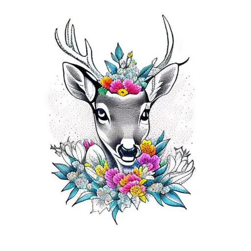 A majestic deer surrounded by vibrant flowers and lilies, with a bold blackwork style. tattoo design idea