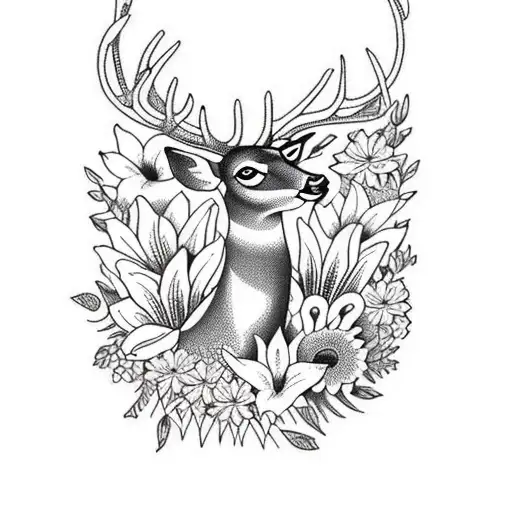 A majestic deer surrounded by vibrant flowers and lilies, with a bold blackwork style. tattoo design idea