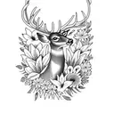 A majestic deer surrounded by vibrant flowers and lilies, with a bold blackwork style. tattoo design idea