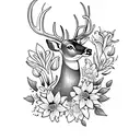 A majestic deer surrounded by vibrant flowers and lilies, with a bold blackwork style. tattoo design idea