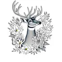 A majestic deer surrounded by vibrant flowers and lilies, with a bold blackwork style. tattoo design idea