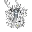 A majestic deer surrounded by vibrant flowers and lilies, with a bold blackwork style. tattoo design idea