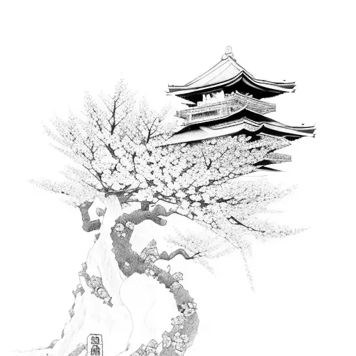 tori gate, cherry blossoms, geisha and Mount Fuji  tattoo design idea