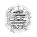 tori gate, cherry blossoms, geisha and Mount Fuji  tattoo design idea