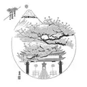 tori gate, cherry blossoms, geisha and Mount Fuji  tattoo design idea