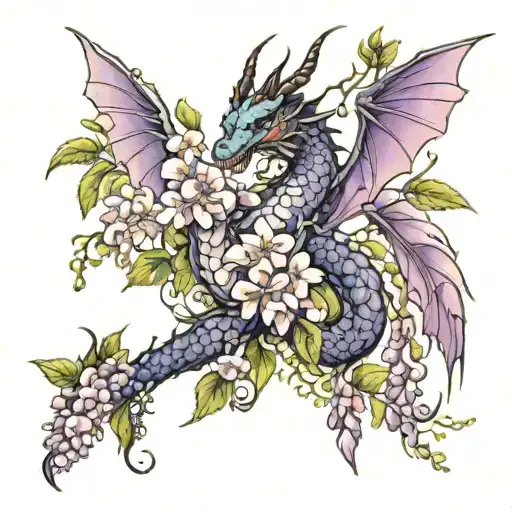 wisteria flowers and dragon tattoo design idea