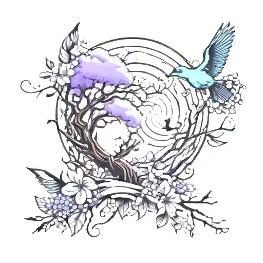 lilac and baby blue vortex with trees and birds coming out  tattoo design idea