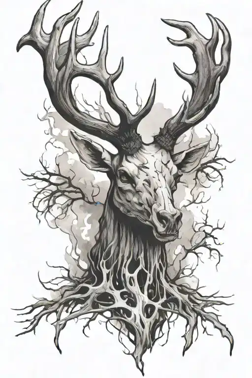 campfire smoke rises into elk skull with antlers tattoo design idea
