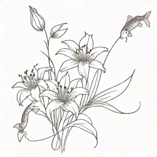 red spider lilly with two koi fish surrounded tattoo design idea